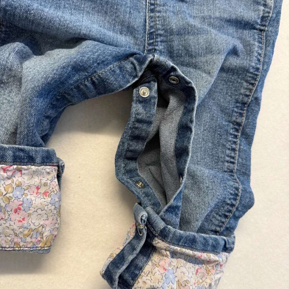 OshKosh B'gosh Girls Blue Denim Floral Lined Ruffle Trim Bib Overalls Size 2T